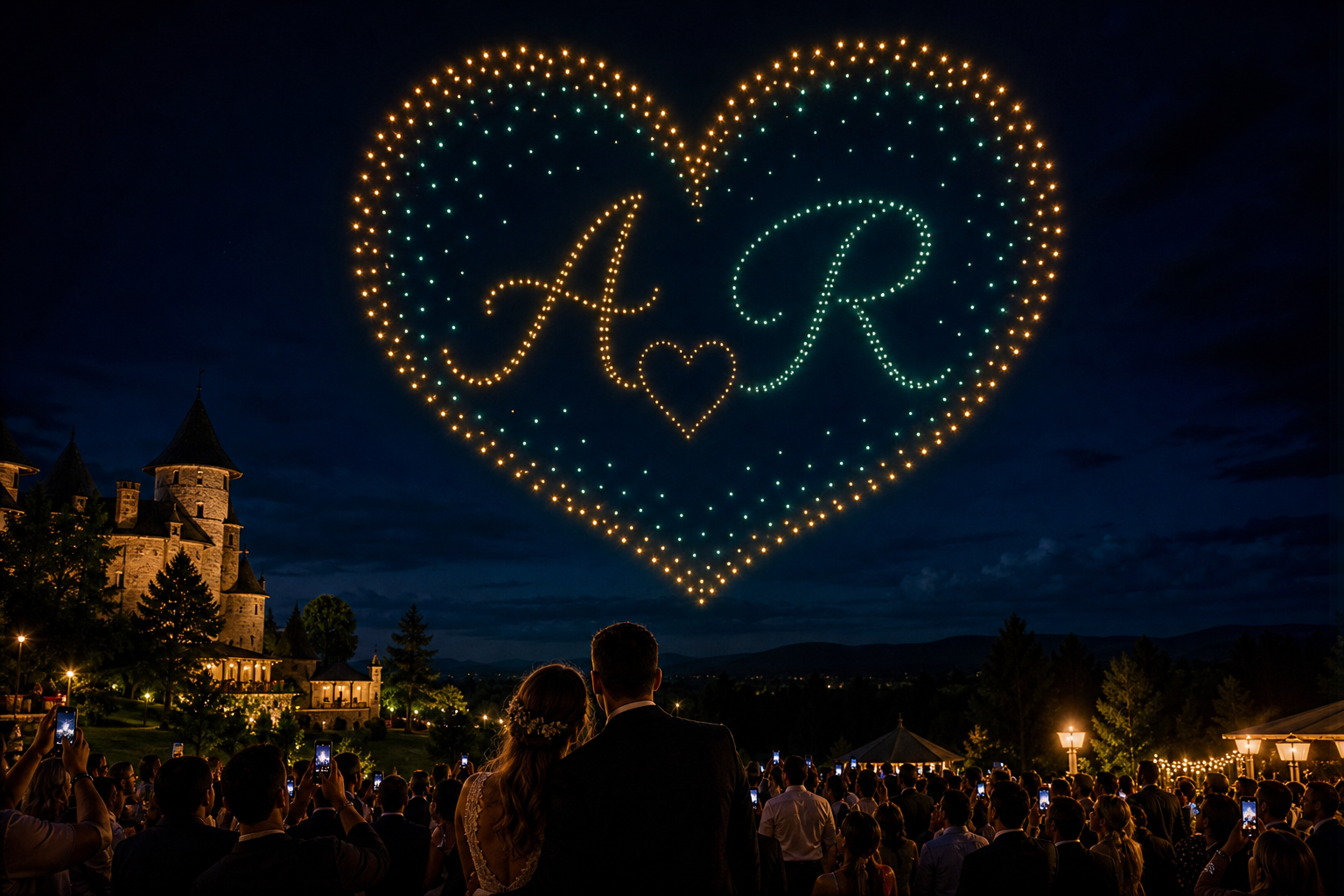 Spectacol cu drone luminoase în formă de inimă deasupra unei nunți, noaptea